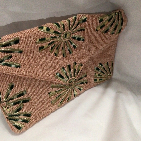 Handbags - Beaded Pink and Green Floral Clutch Bag